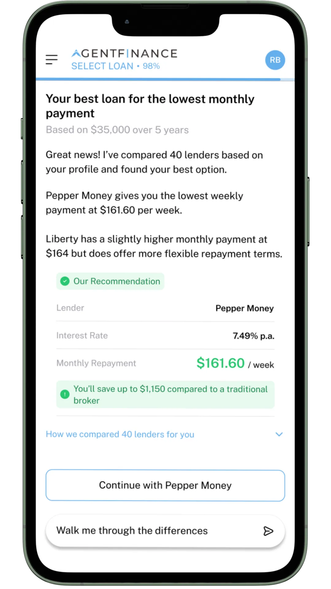 Agent Finance loan selection screen in the chat, showing a shortlist of loan offers with rates and repayments to choose from