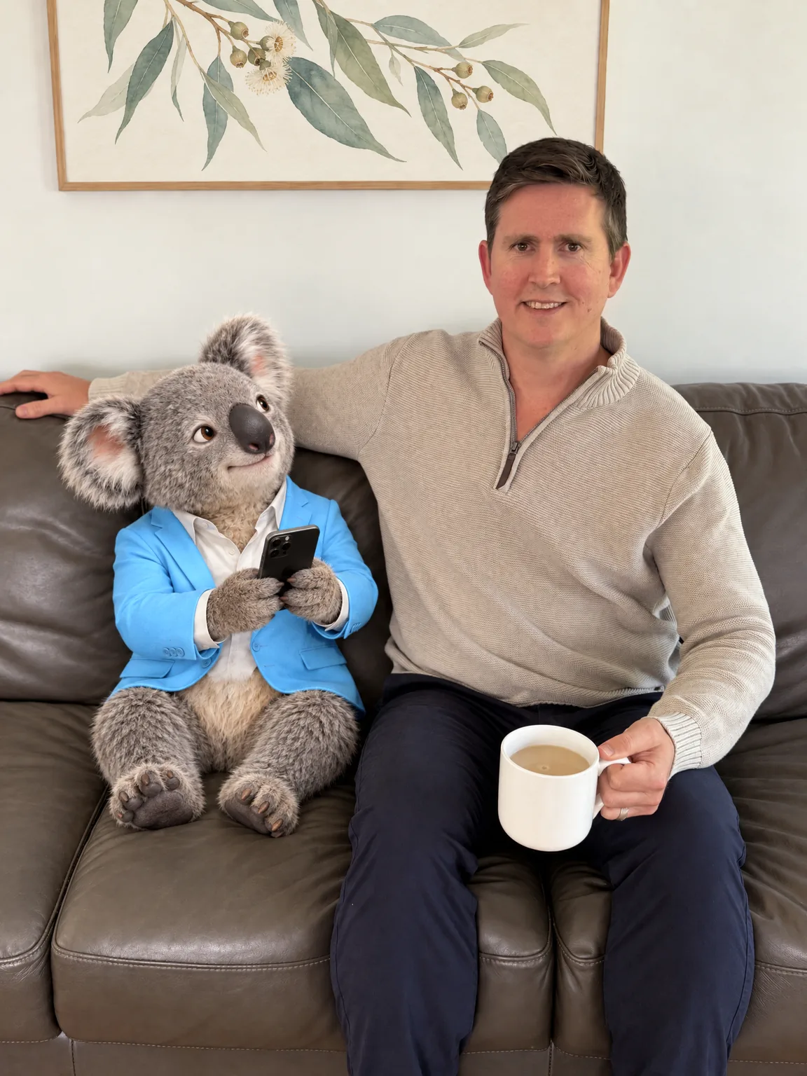 Rob Carlile, founder of Agent Finance, on a sofa with Fin the koala