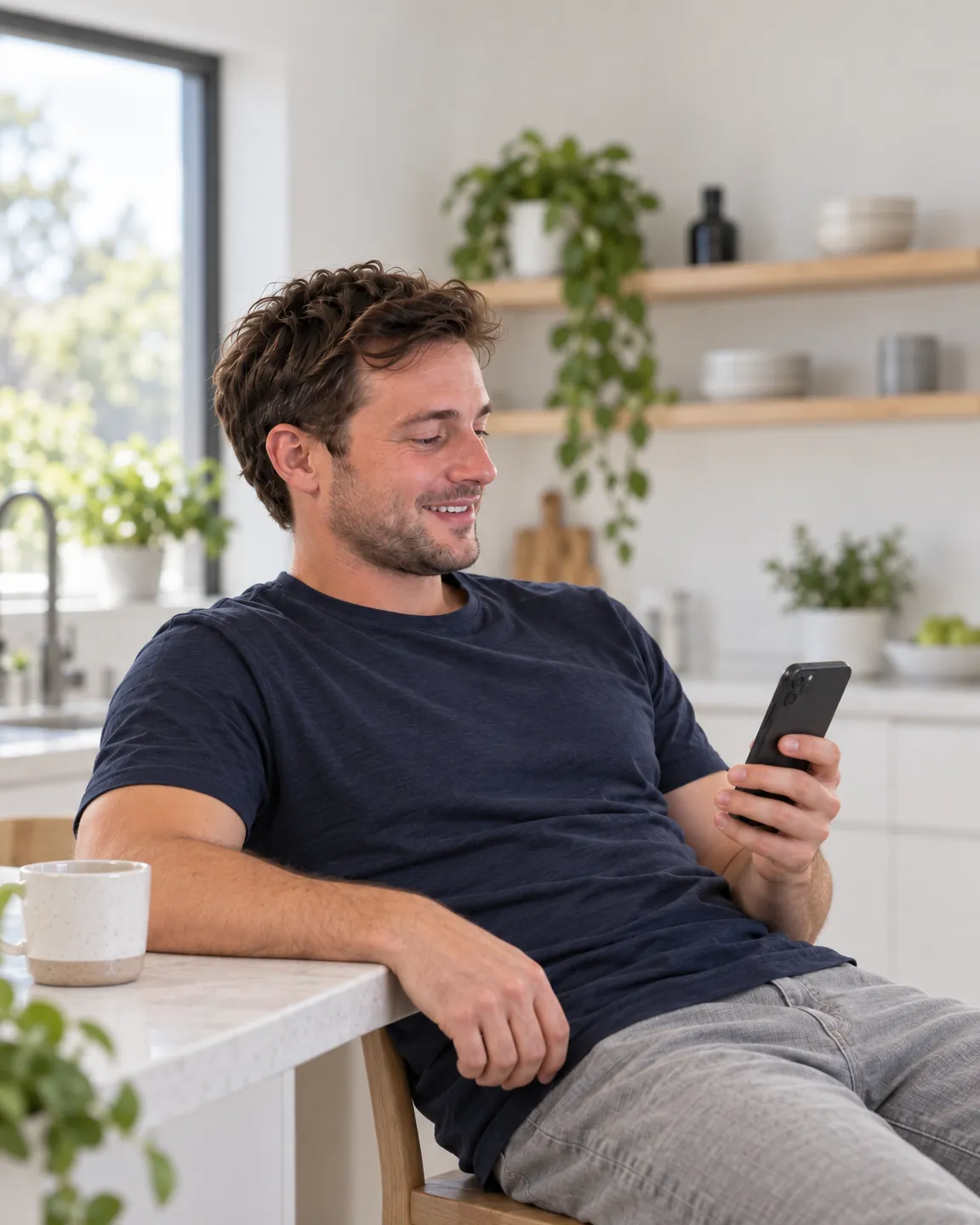 A man at his kitchen bench, relaxed, checking his phone