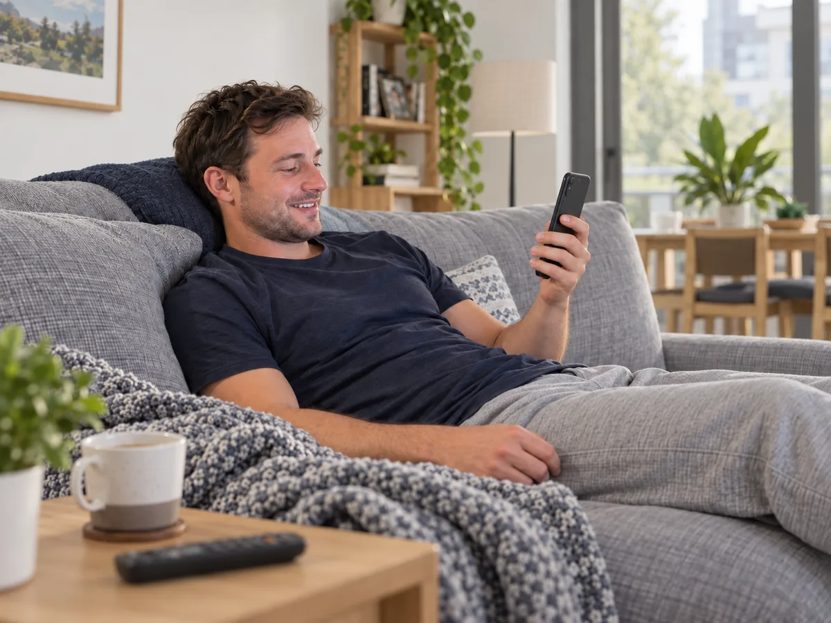 A man relaxing on his couch, checking his phone