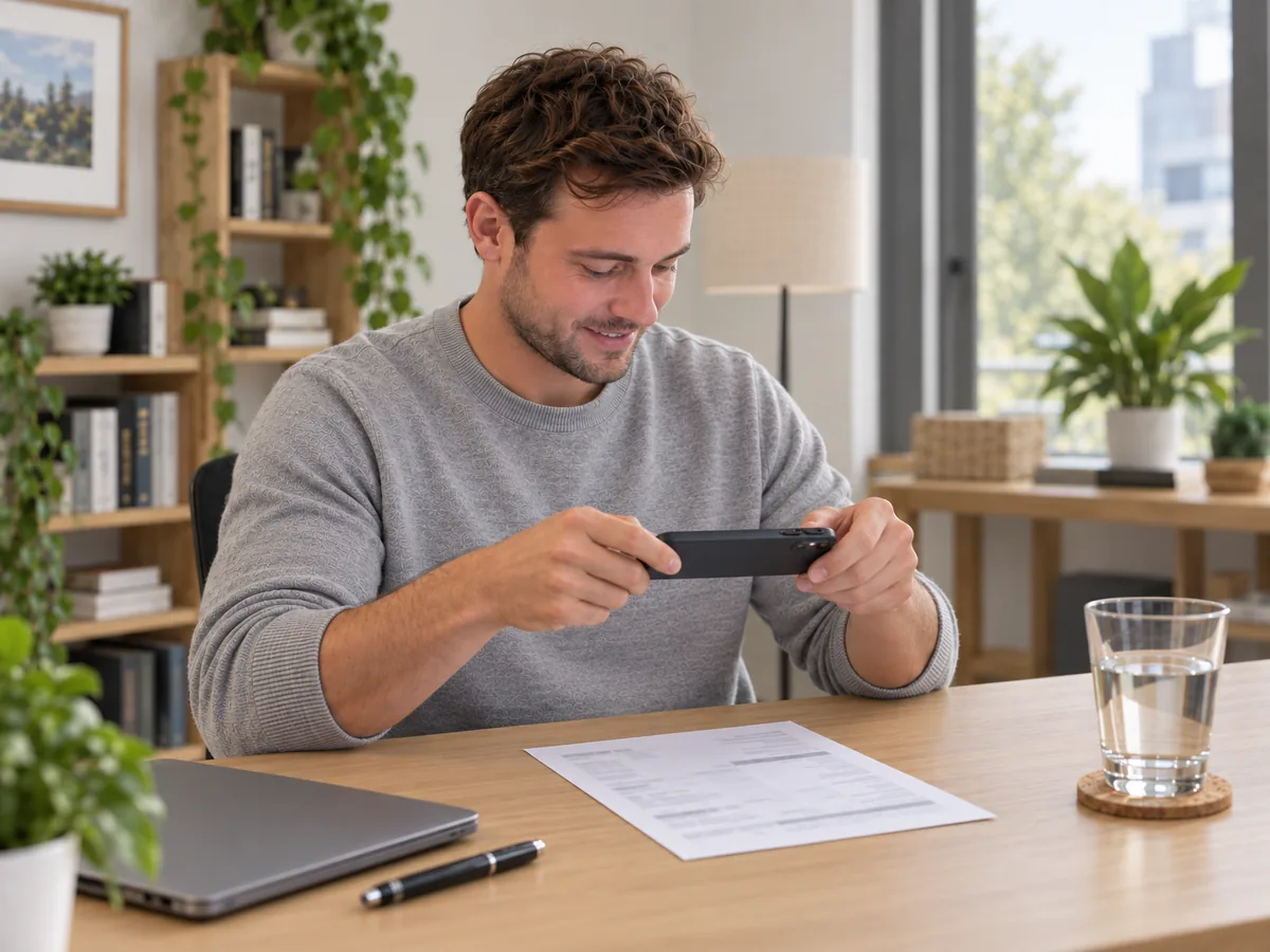 A man at his desk photographing a payslip with his phone