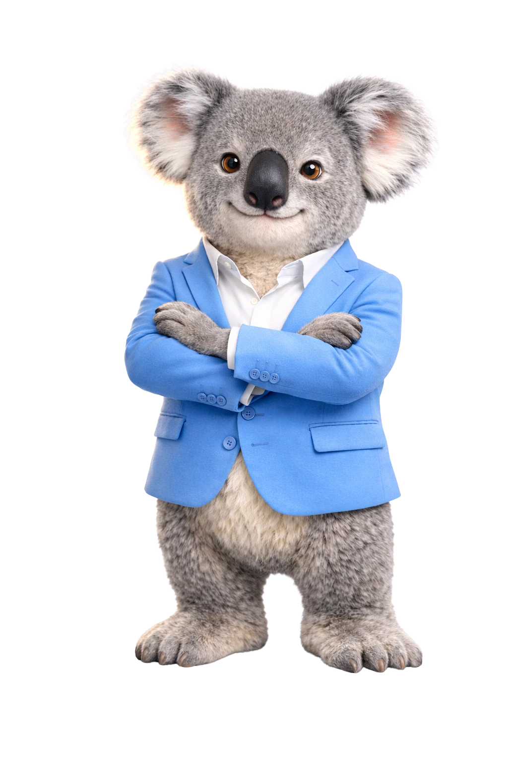 Fin, the Agent Finance koala in a blue suit, standing with arms crossed