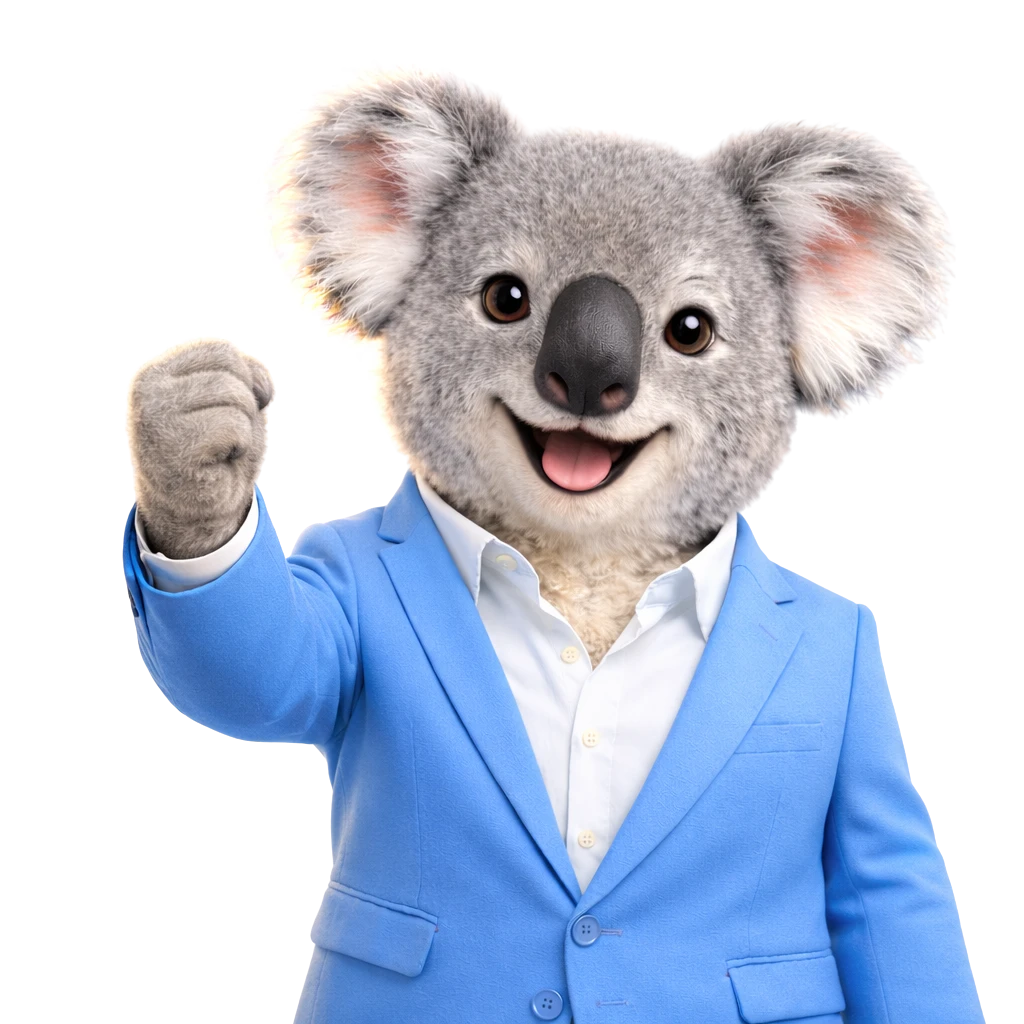 Agent K, the Agent Finance koala mascot celebrating