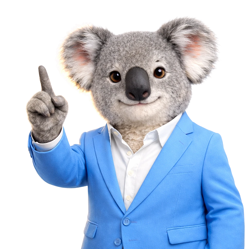Agent K, the Agent Finance koala mascot pointing upward
