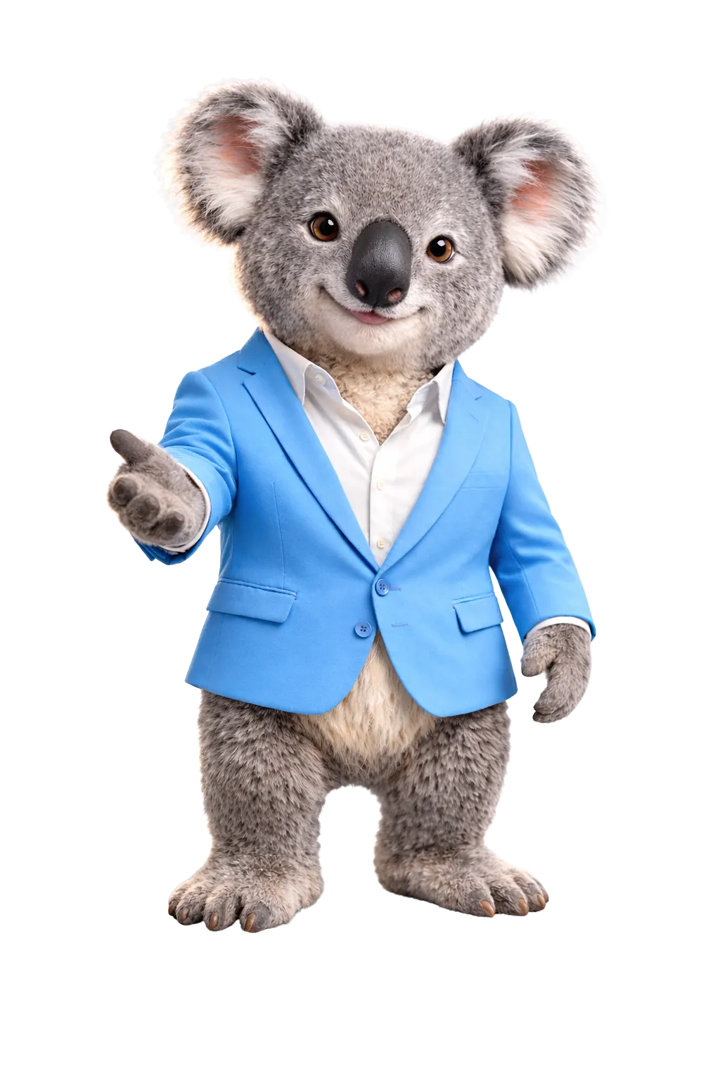 Agent K, the Agent Finance koala mascot in a blue suit waving hello
